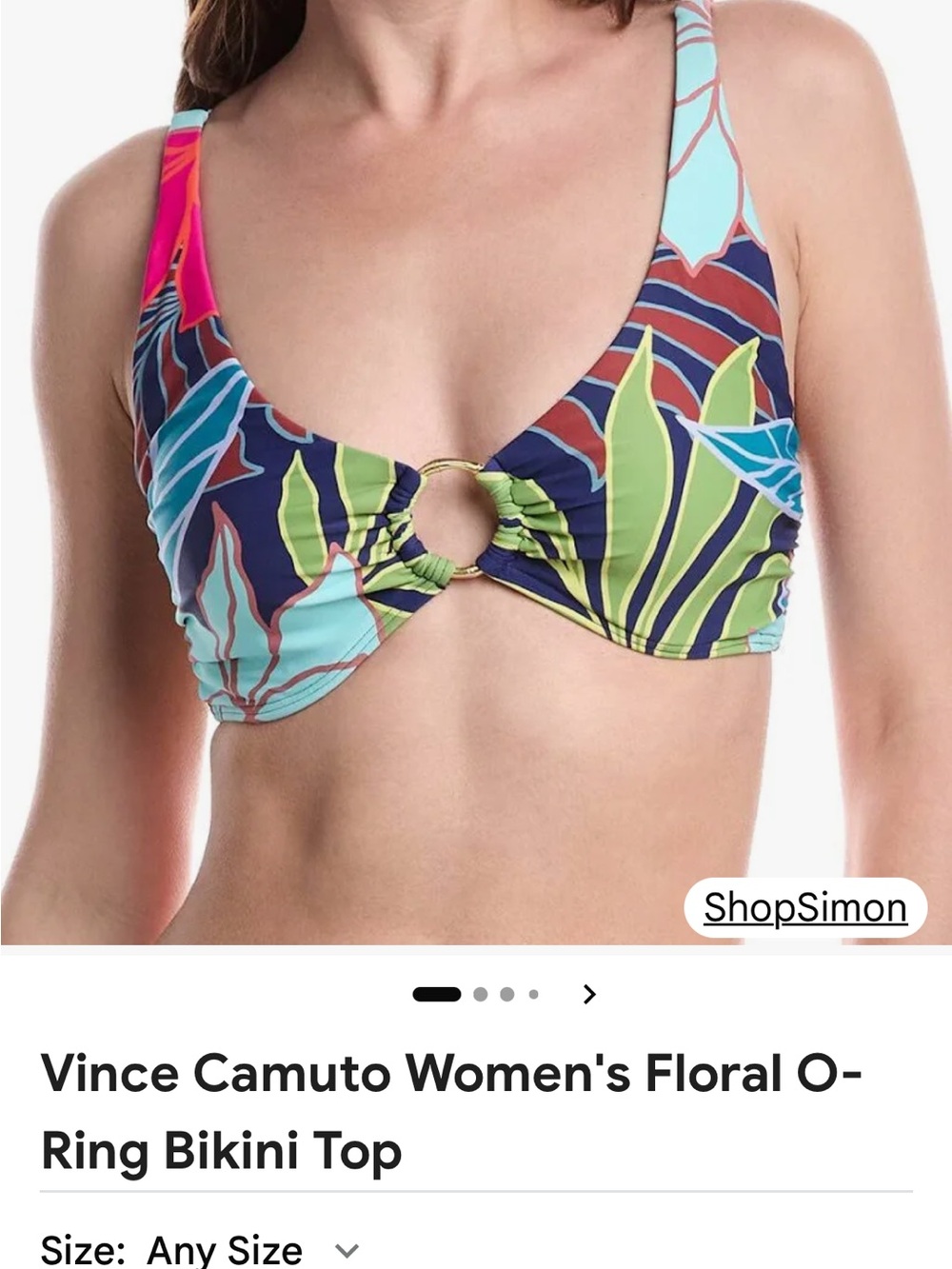 Vince Camuto Tropical Print O-Ring Swim Top in Aqua, Lime & Navy